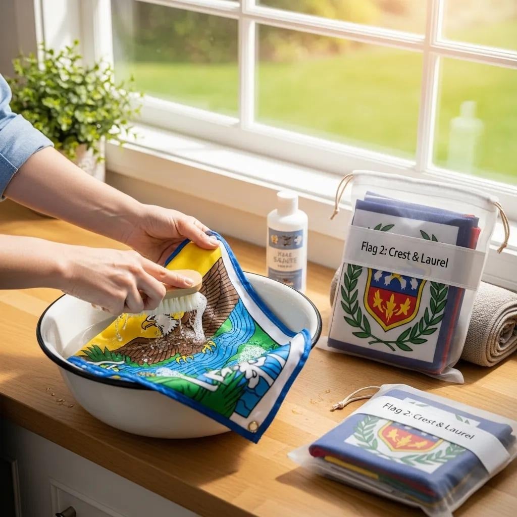 Person washing a nylon flag and storing another flag properly, demonstrating best practices for flag care
