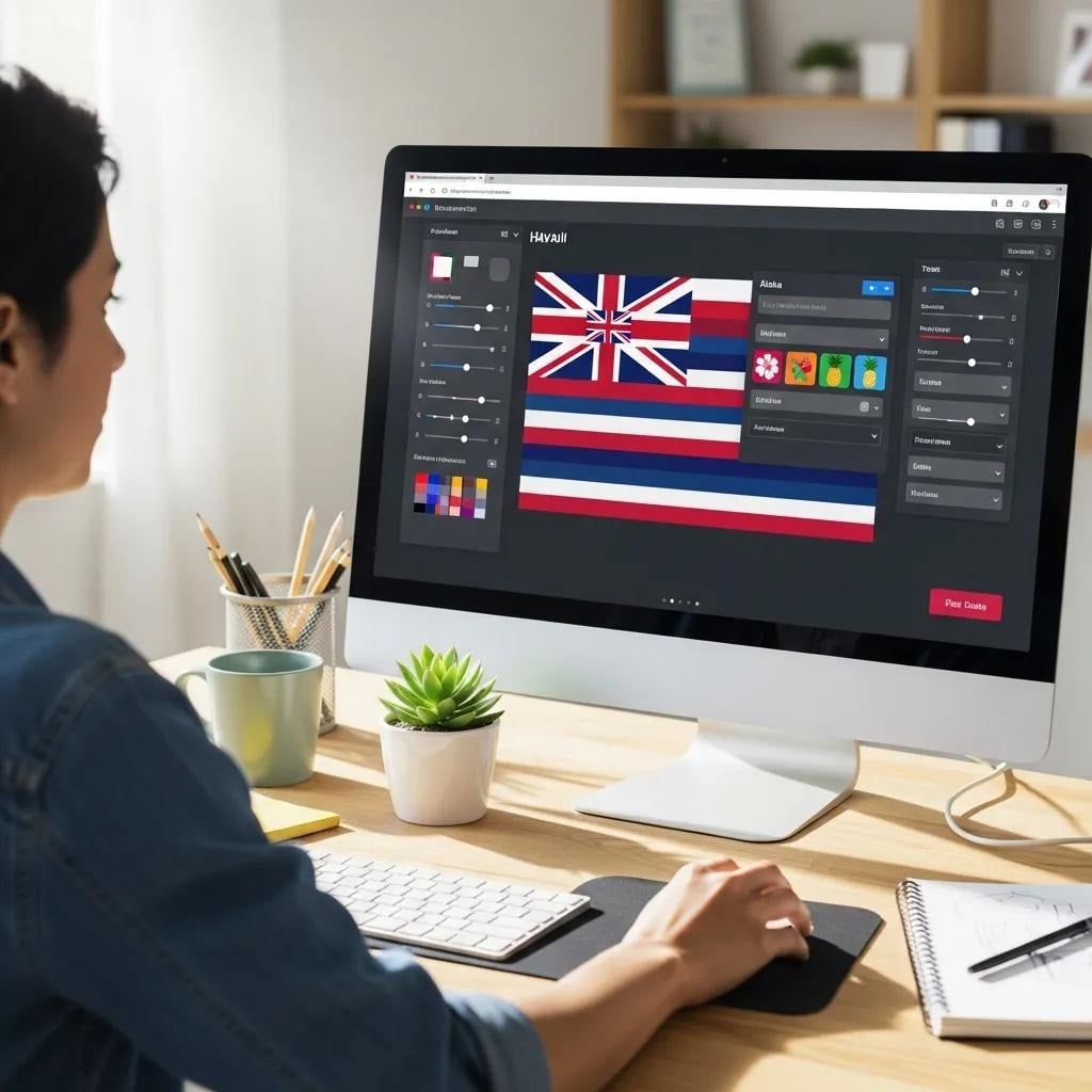 Person designing a custom Hawaii flag online, showcasing the creative process and design options
