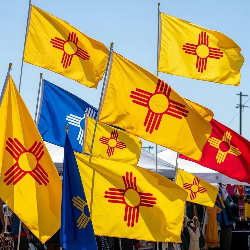 Variety of custom New Mexico State Flags displayed outdoors, showcasing different materials