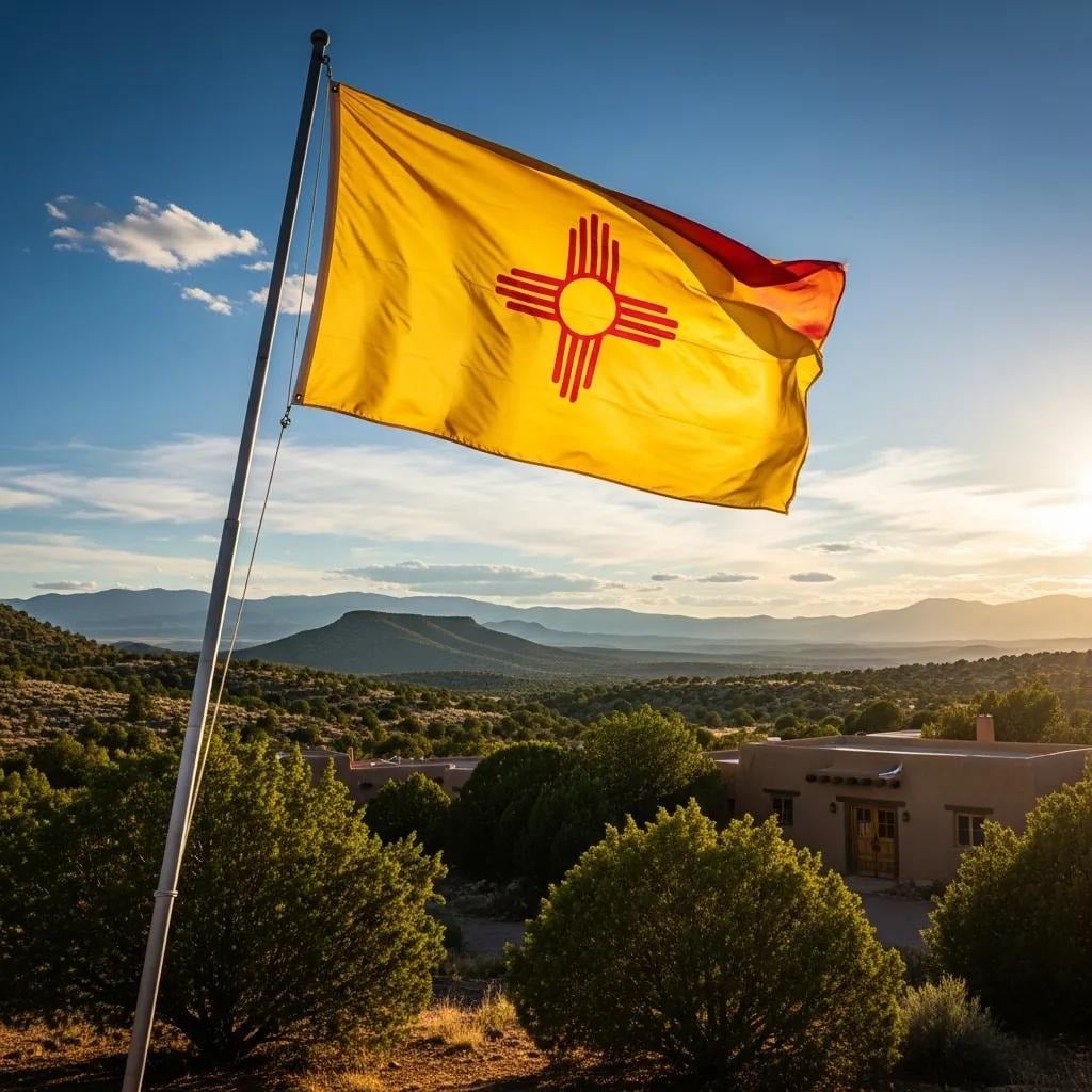 New Mexico State Flag with Zia Sun Symbol waving in the wind against a blue sky