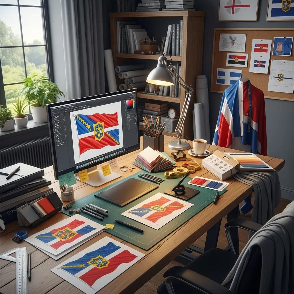 Designer workspace with sketches and tools for developing flag concepts